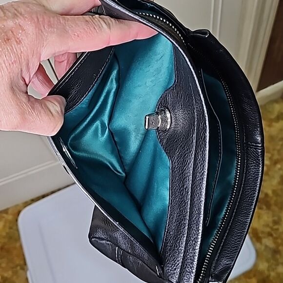Wristlet Leather Black Silvertone Hardware Green Satin Style Lining - Picture 8 of 8